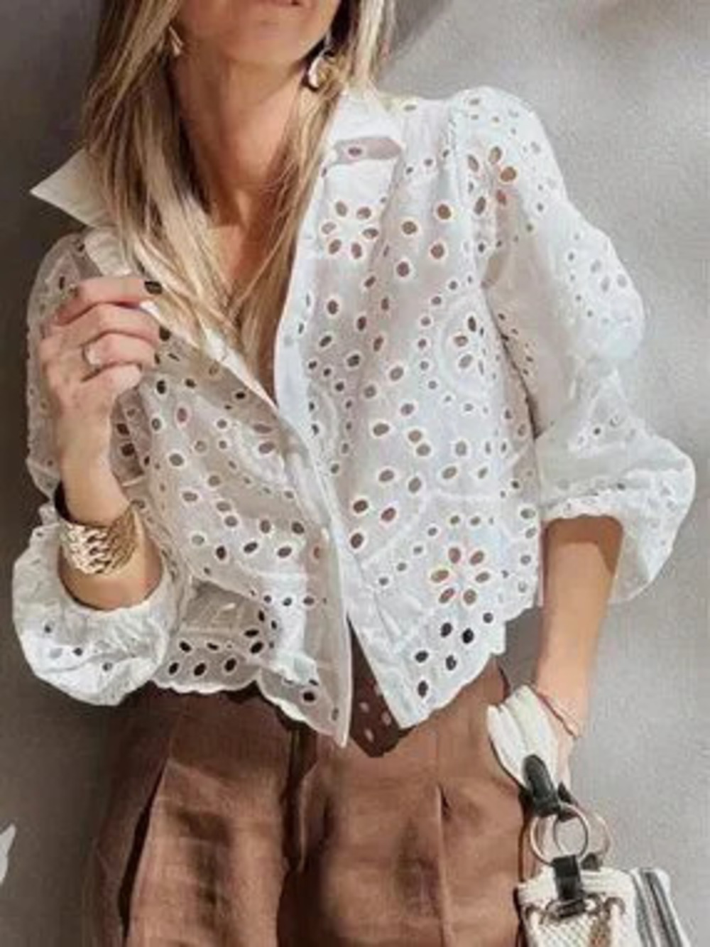 ZARA White Boho Women's Single-Breasted Embroidered Hollow Casual Vacation Shirt